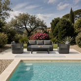 Luxury 5 seater onyx aluminium garden lounge set with elegant rope detailing, premium grey cushions and matching slatted coffee table on a modern patio.