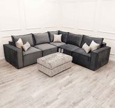 Claridge 5-piece modular velvet corner sofa with full-back cushions, deep foam seating, square arms, and spacious contemporary design for modern UK living rooms.