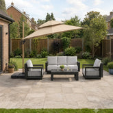 Luxury 3m cantilever garden parasol with integrated solar LED lights, 360-degree rotating canopy and wood-effect aluminium frame on a modern outdoor patio.