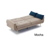 Luxury Lexi 3-seater fabric sofa bed with built-in USB charging ports, adjustable backrest, gold metal legs, and contemporary styling in a modern UK living room.