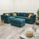 Luxury Hudson 4 piece fabric corner sofa with fixed back cushions, modular L-shaped design, deep comfortable seating, and contemporary styling in a modern UK living room.