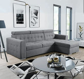 Luxury fabric corner sofa bed with hidden storage compartment, pull-out sleeping function, universal L-shaped design for contemporary UK homes.