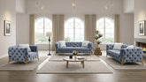 Luxury Paris grey shimmer Chesterfield sofa with deep button tufting and elegant rolled arms.