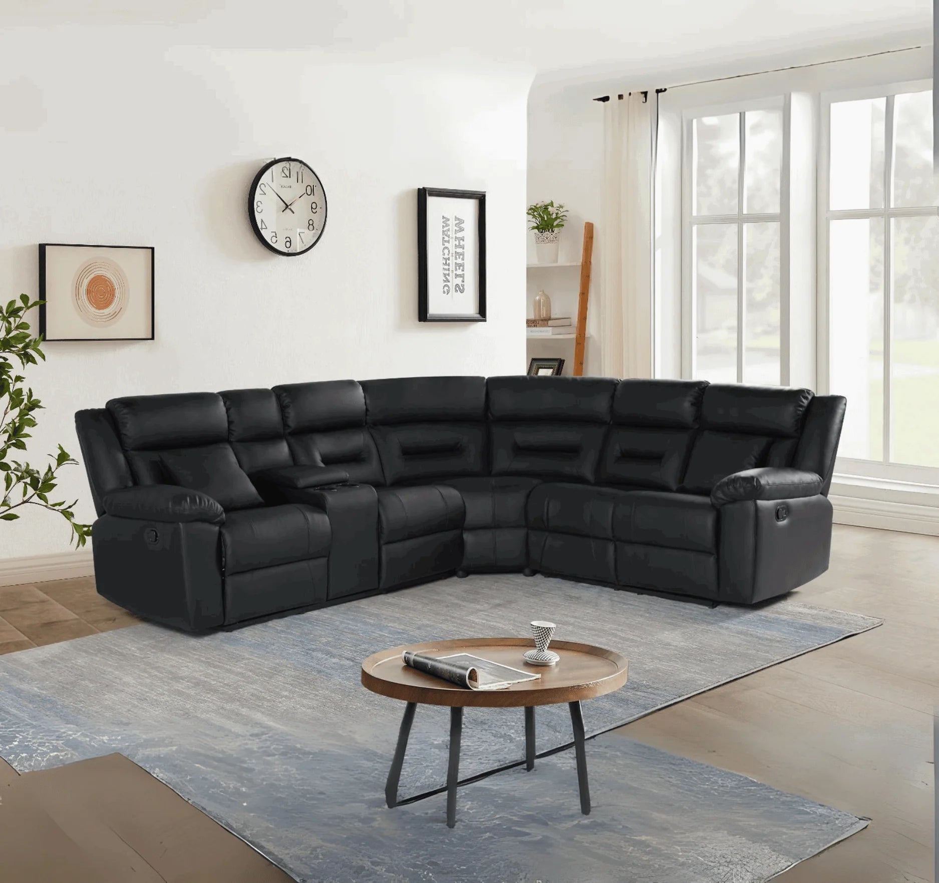 Armano black leather recliner corner sofa with spacious seating for modern living rooms.