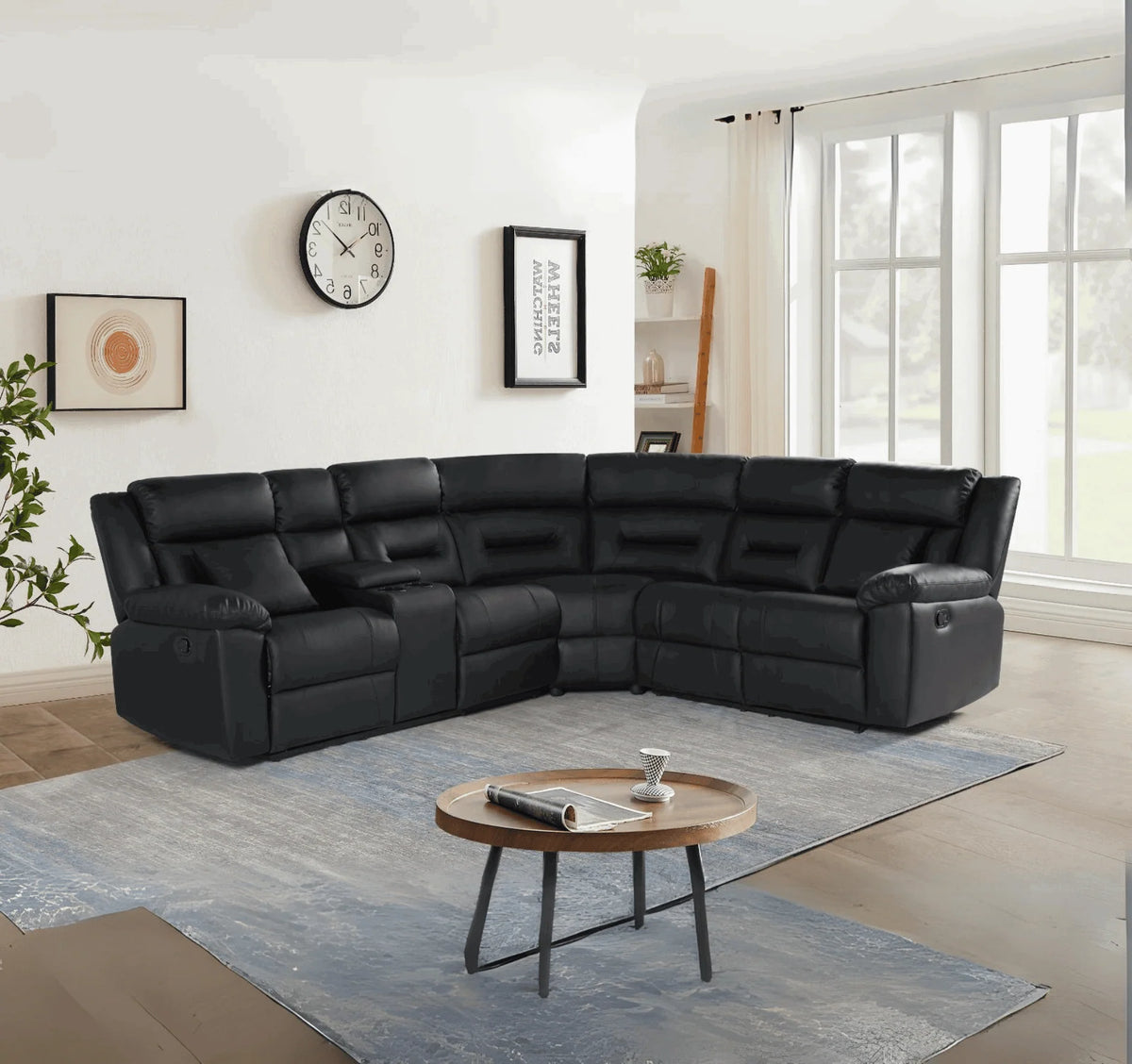 Armano black leather recliner corner sofa with spacious seating for modern living rooms.