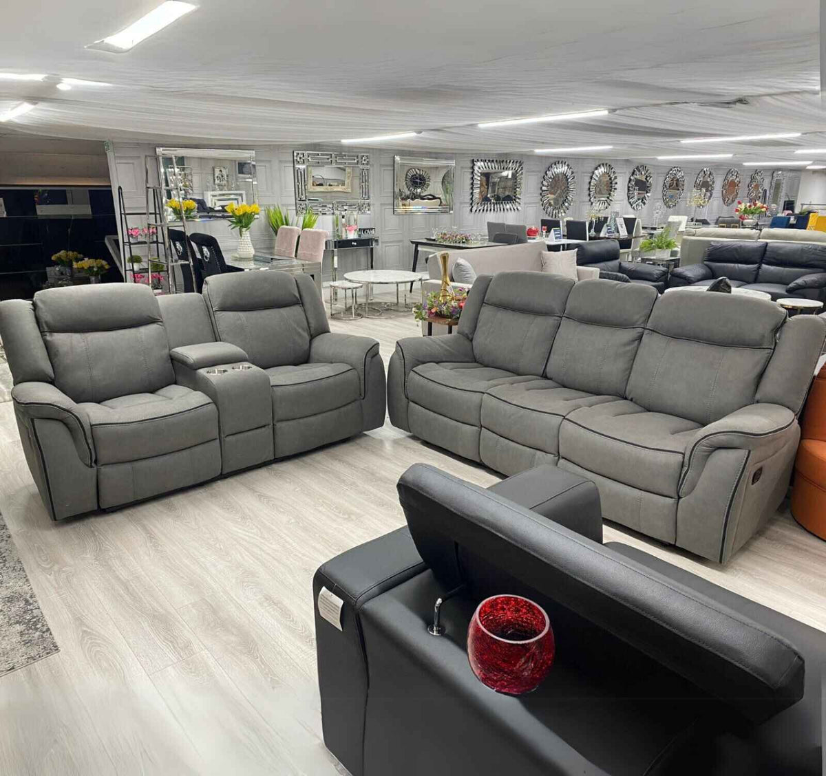 3+2 grey suede leather recliner sofa set with spacious seating for modern living rooms.
