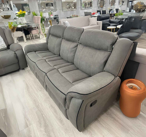 Luxury grey suede leather 3 seater recliner sofa with comfortable padded seating.