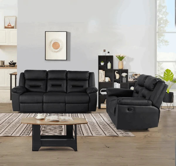 Black leather 3 seater recliner sofa with comfortable padded cushions and contemporary styling.