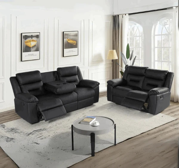Armano black leather 2 seater recliner sofa designed for comfortable everyday relaxation.