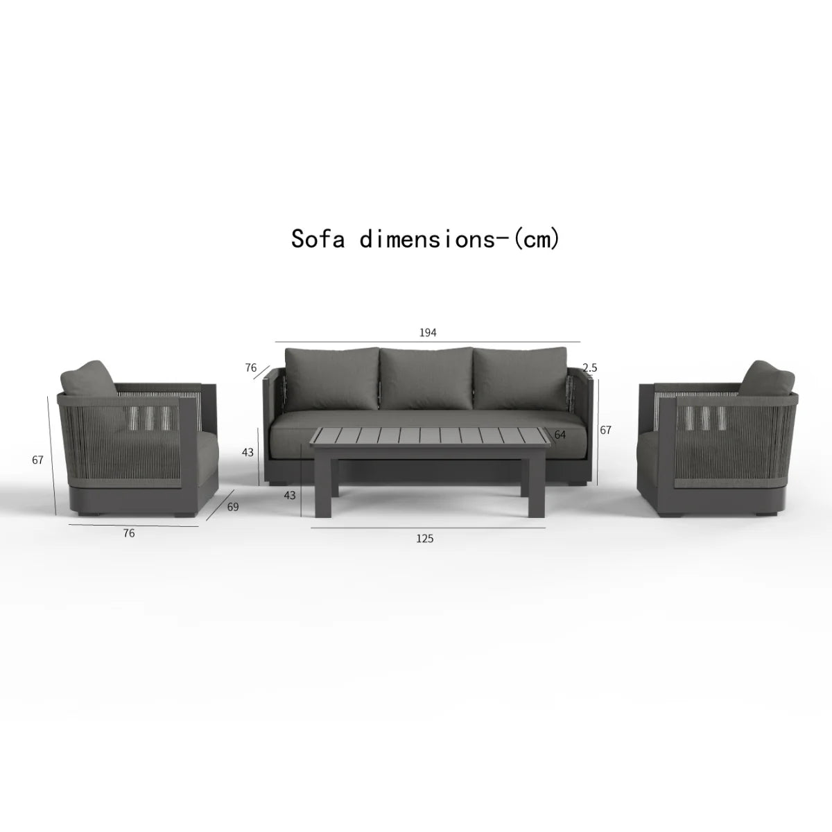 Luxury 5 seater onyx aluminium garden lounge set with elegant rope detailing, premium grey cushions and matching slatted coffee table on a modern patio.