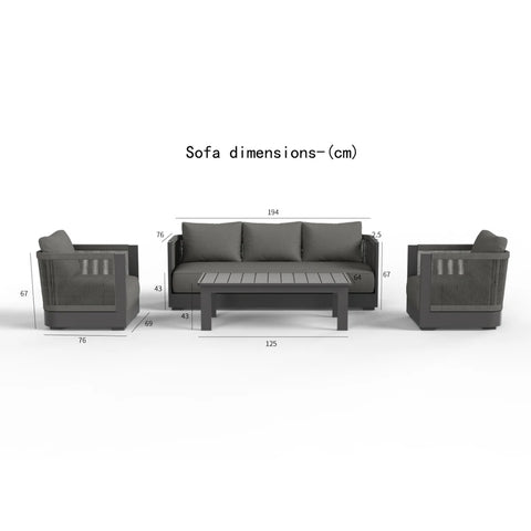 Luxury 5 seater onyx aluminium garden lounge set with elegant rope detailing, premium grey cushions and matching slatted coffee table on a modern patio.