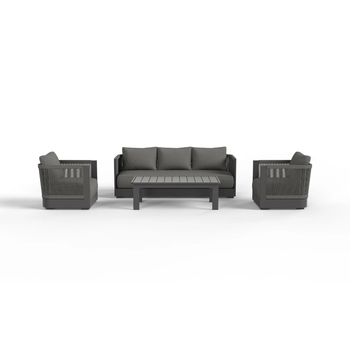 Luxury 5 seater onyx aluminium garden lounge set with elegant rope detailing, premium grey cushions and matching slatted coffee table on a modern patio.