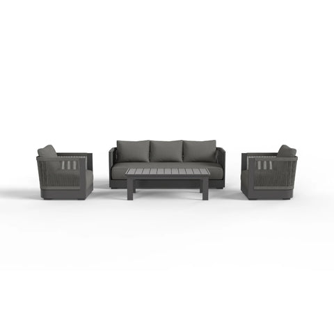 Luxury 5 seater onyx aluminium garden lounge set with elegant rope detailing, premium grey cushions and matching slatted coffee table on a modern patio.