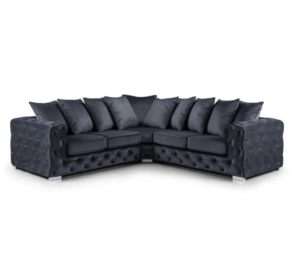 Luxury Aston plush fabric black corner sofa featuring spacious L-shaped seating, deep foam cushions, supportive back cushions, and contemporary styling for modern UK homes.