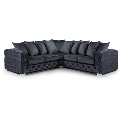 Luxury Aston plush fabric black corner sofa featuring spacious L-shaped seating, deep foam cushions, supportive back cushions, and contemporary styling for modern UK homes.