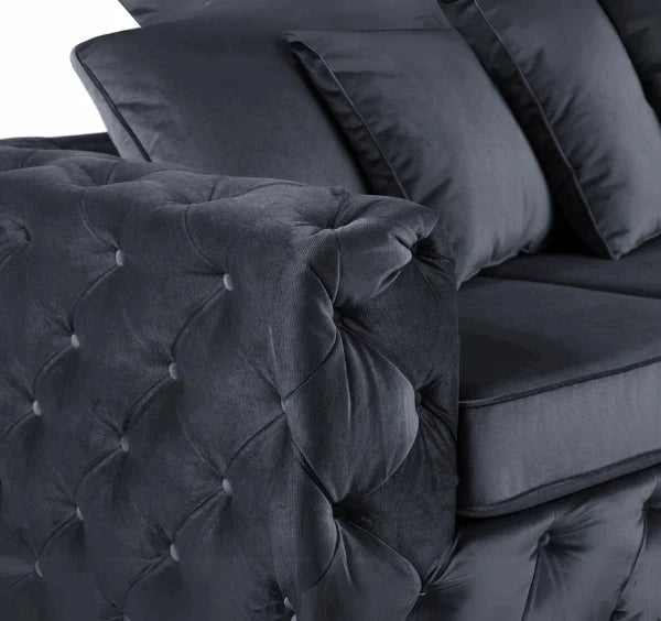 Luxury Aston plush fabric black corner sofa featuring spacious L-shaped seating, deep foam cushions, supportive back cushions  for modern UK homes.