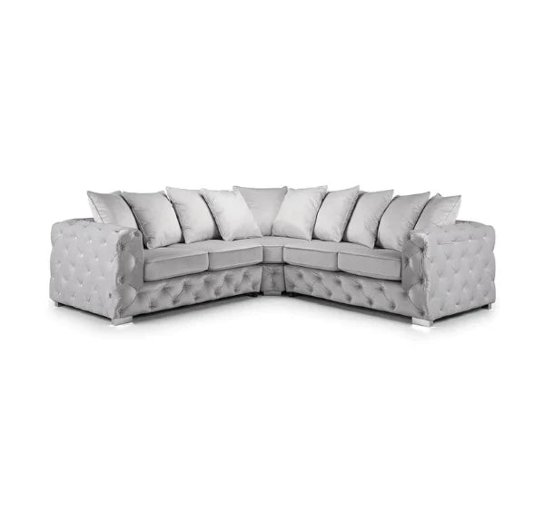 Luxury Aston silver plush fabric corner sofa featuring deep foam seating, spacious L-shaped design, supportive cushions, and modern styling for contemporary UK homes.