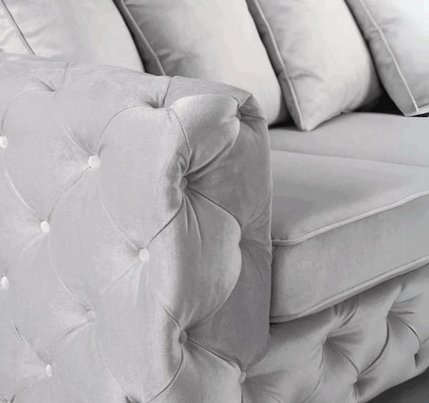 Luxury Aston silver plush fabric corner sofa featuring deep foam seating, spacious L-shaped design for contemporary UK homes.