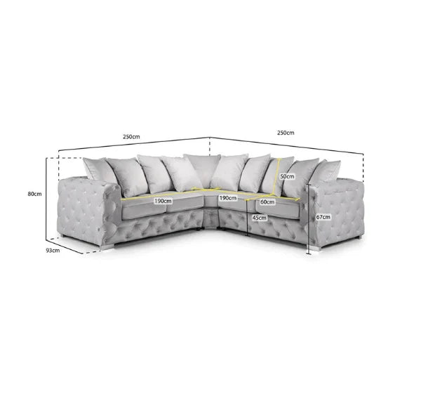 Luxury Aston silver plush fabric corner sofa featuring deep foam seating, spacious L-shaped design, supportive cushions, and modern styling for contemporary UK homes.