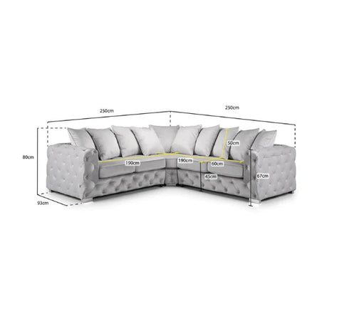 Luxury Aston silver plush fabric corner sofa featuring deep foam seating, spacious L-shaped design, supportive cushions, and modern styling for contemporary UK homes.