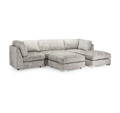 U-shaped high back sofa upholstered in premium truffle chenille fabric with deep seating, movable footstools, and spacious family-friendly design.