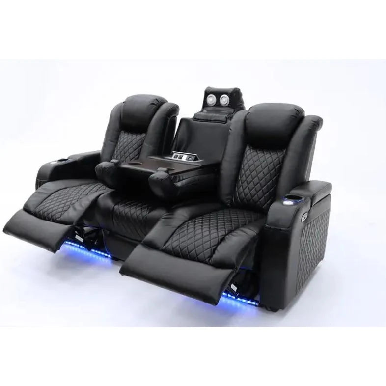 Modern grey power recliner sofa with comfortable electric reclining function and premium air leather upholstery.