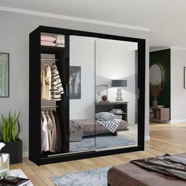 Black mirrored sliding wardrobe for bedroom