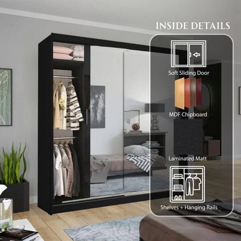 Chicago black wardrobe with sliding mirror doors