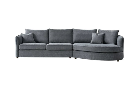 curved bouclé corner chaise sofa in Pebble and Charcoal with a sculptural organic design, deep cushions, and premium upholstery for modern UK living rooms.