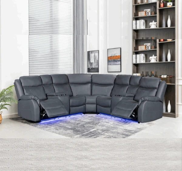 Chicago grey electric recliner corner sofa with LED console and built-in cup holders.