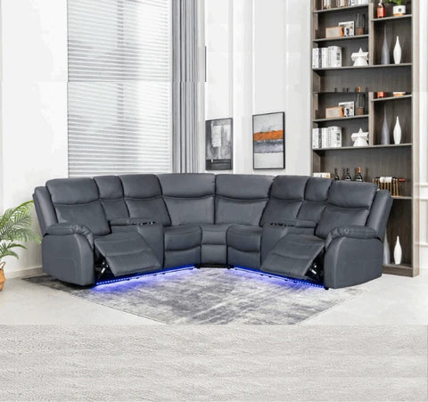 Chicago grey electric recliner corner sofa with LED console and built-in cup holders.