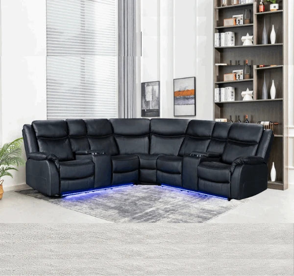 Chicago black electric recliner corner sofa with LED console and built-in cup holders.