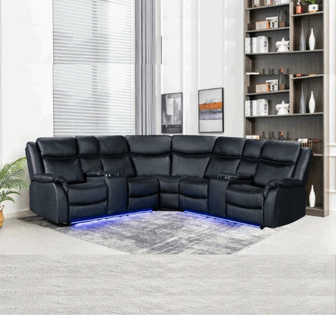 Chicago black electric recliner corner sofa with LED console and built-in cup holders.