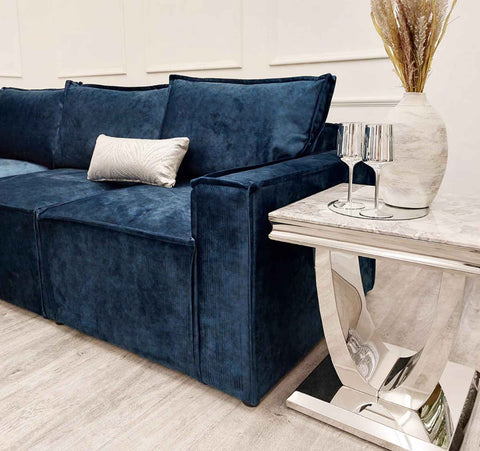 Luxury Claridge 5-piece modular velvet corner sofa with full-back cushions, deep foam seating, square arms, and spacious contemporary design for modern UK living rooms.
