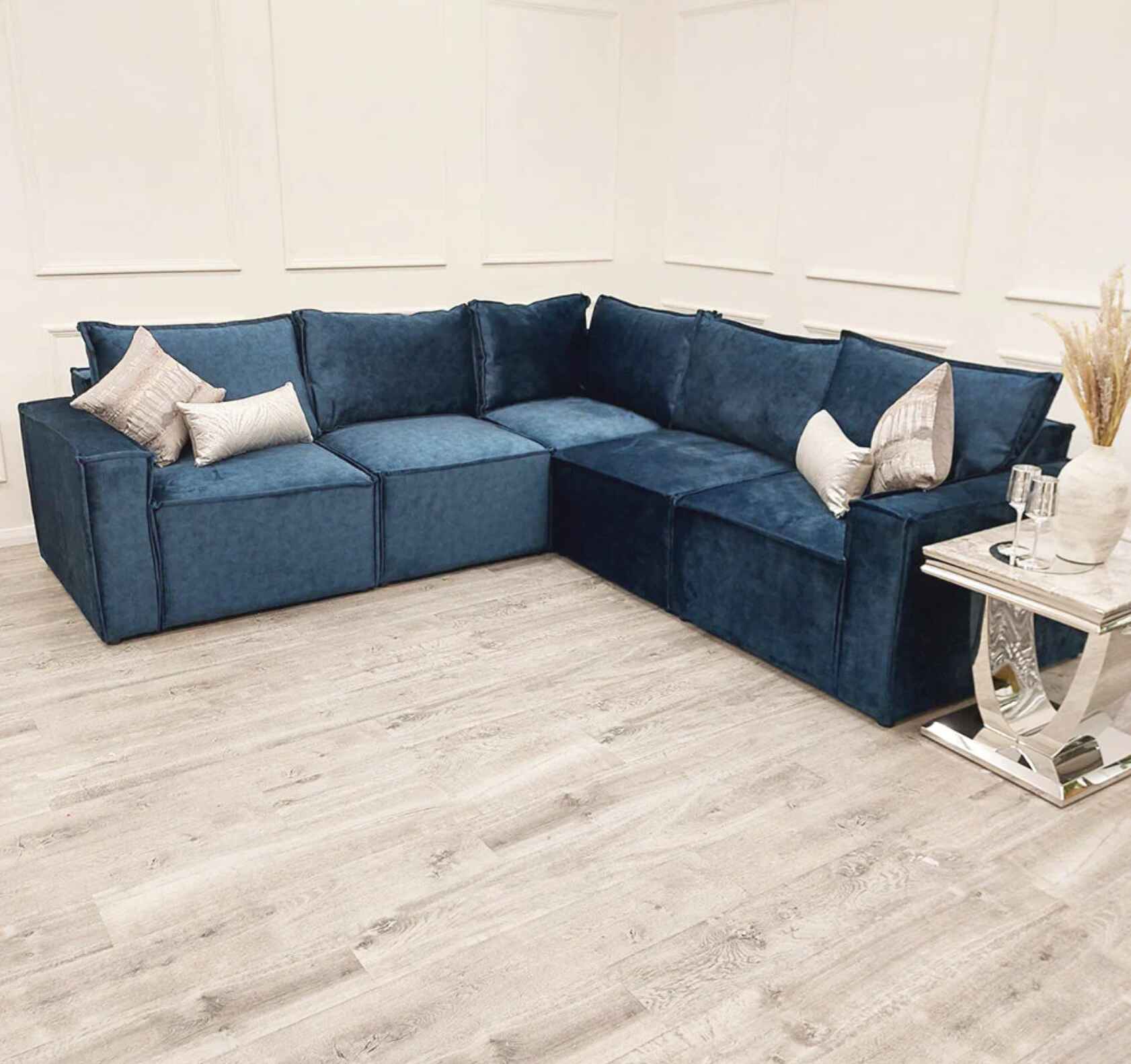 Luxury Claridge 5-piece modular velvet corner sofa with full-back cushions, deep foam seating, square arms, and contemporary design for modern UK living rooms.