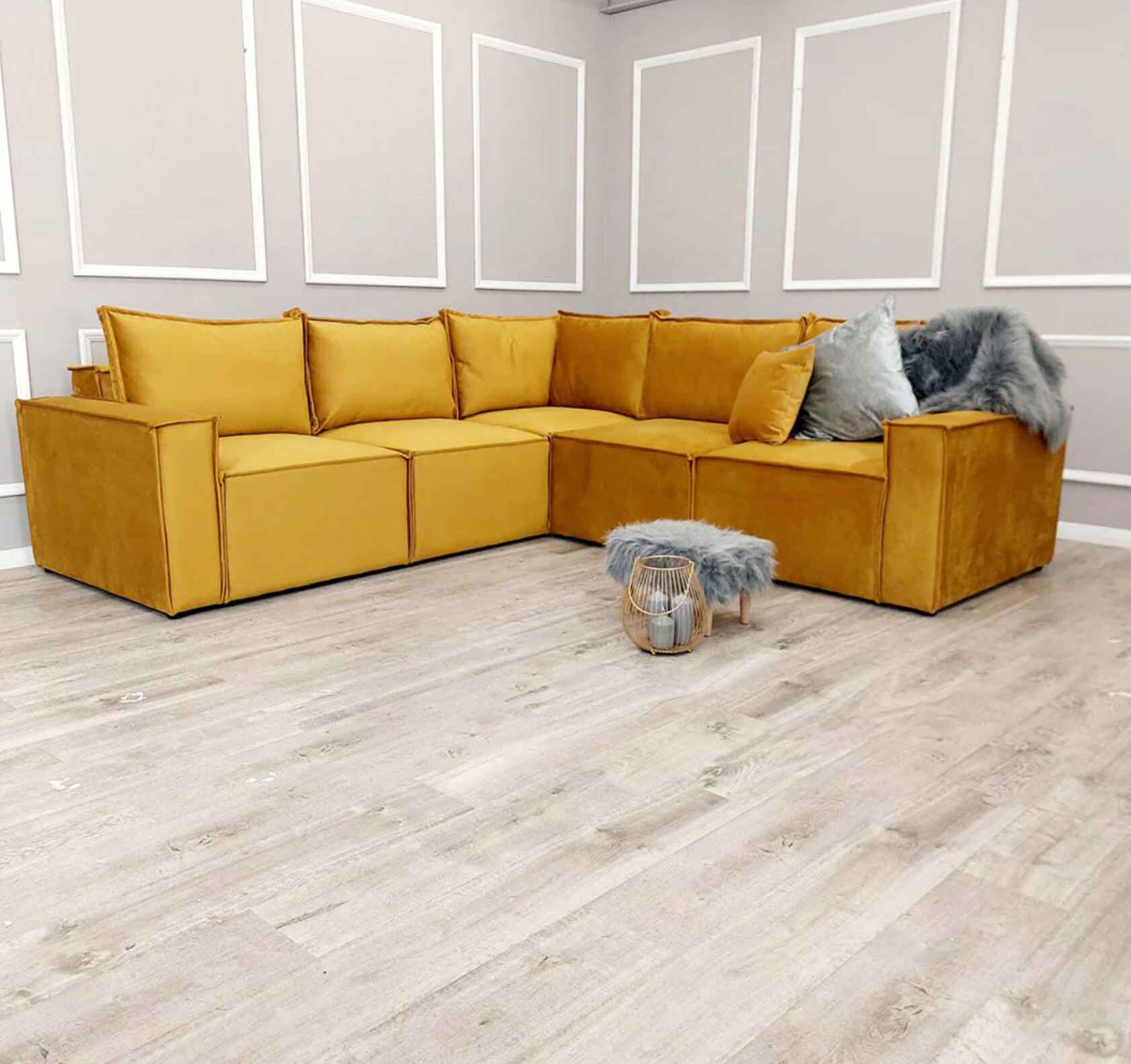 Luxury Claridge 5-piece modular velvet corner sofa with full-back cushions, deep foam seating, square arms