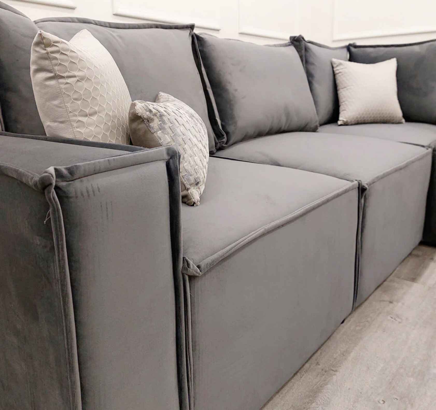 Luxury Claridge 5-piece modular velvet corner sofa with full-back cushions, deep foam seating, square arms, and spacious contemporary design