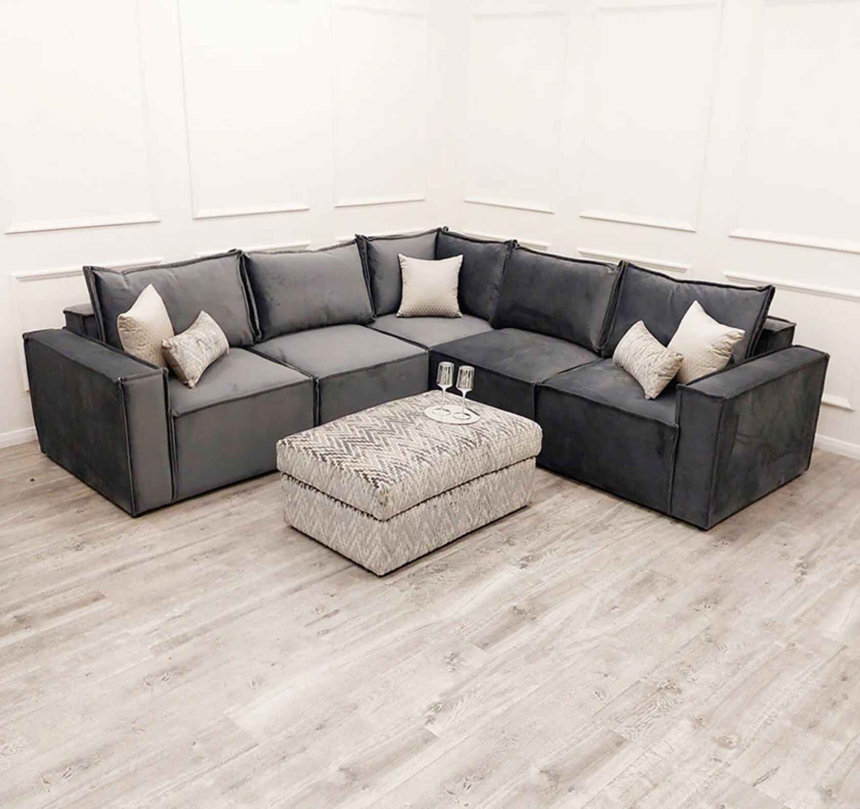 Claridge 5-piece modular velvet corner sofa with full-back cushions, deep foam seating, square arms, and spacious contemporary design for modern UK living rooms.