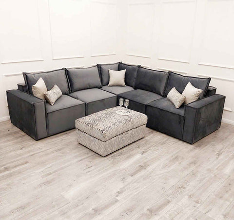 Claridge 5-piece modular velvet corner sofa with full-back cushions, deep foam seating, square arms, and spacious contemporary design for modern UK living rooms.