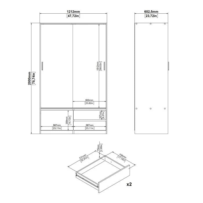 Oak wardrobe with sliding doors and drawers