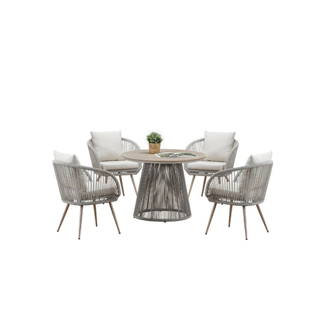 4 seater natural rattan garden dining set with round wood-effect table and comfortable cushioned chairs.