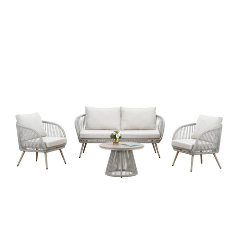 4 seater natural rattan garden lounge set with weather-resistant cushions and matching coffee table.