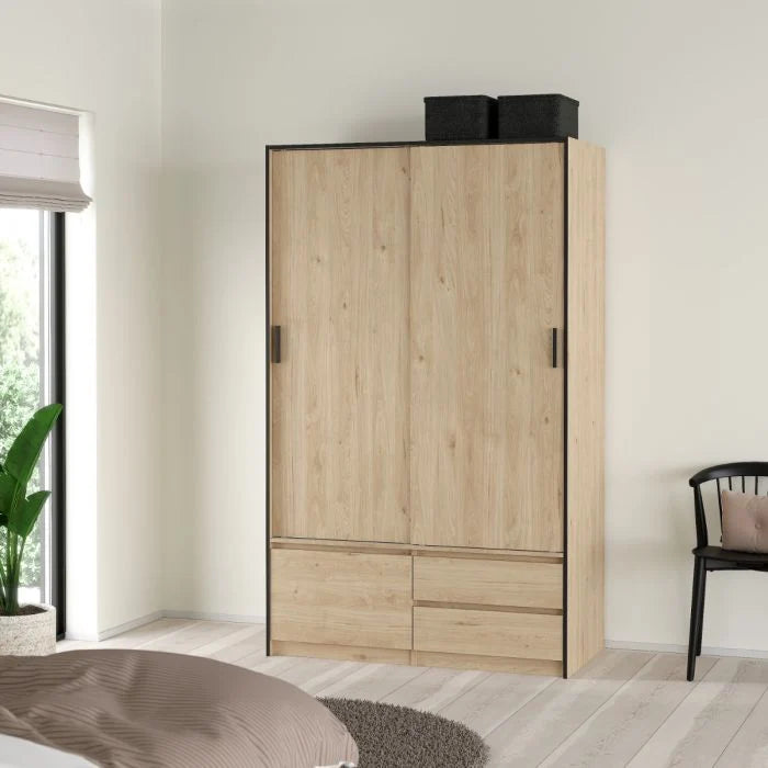 Oak sliding wardrobe with shelves and hanging rail