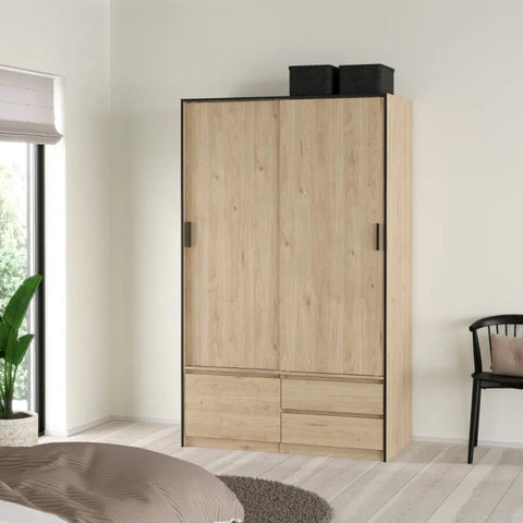 Oak sliding wardrobe with shelves and hanging rail