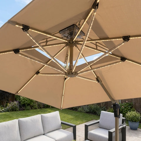 3m cantilever garden parasol with integrated solar LED lights, 360-degree rotating canopy and wood-effect aluminium frame.