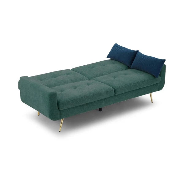 Luxury Lexi 3-seater fabric sofa bed with built-in USB charging ports, adjustable backrest, gold metal legs, and contemporary styling in a modern UK living room.