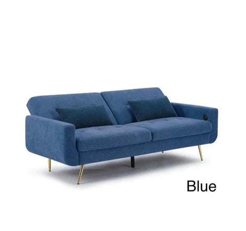 Luxury Lexi 3-seater fabric sofa bed with built-in USB charging ports, adjustable backrest, gold metal legs, and contemporary styling in a modern UK living room.