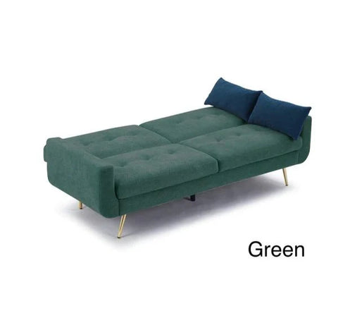 Luxury Lexi 3-seater fabric sofa bed with built-in USB charging ports, adjustable backrest, gold metal legs, and contemporary styling in a modern UK living room.