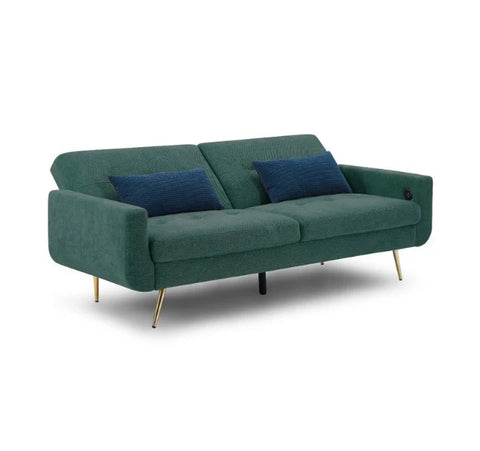 Luxury Lexi 3-seater fabric sofa bed with built-in USB charging ports, adjustable backrest, gold metal legs, and contemporary styling in a modern UK living room.
