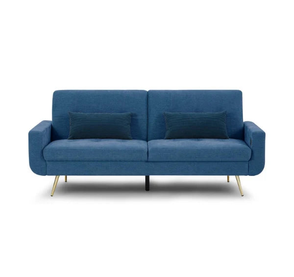 Luxury Lexi 3-seater fabric sofa bed with built-in USB charging ports, adjustable backrest, gold metal legs, and contemporary styling in a modern UK living room.